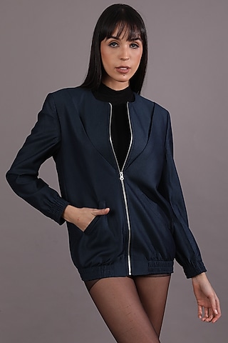 Dark Navy Blue Bomber Jacket by Shagufta Rahim