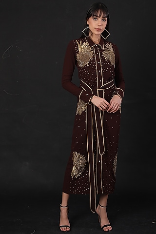 Dark Brown Hand Embroidered Shirt Dress by Shagufta Rahim