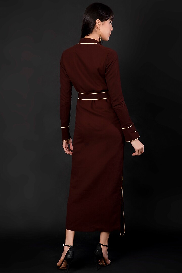Dark Brown Hand Embroidered Vacation Shirt Dress by Shagufta Rahim at Pernia's Pop Up Shop