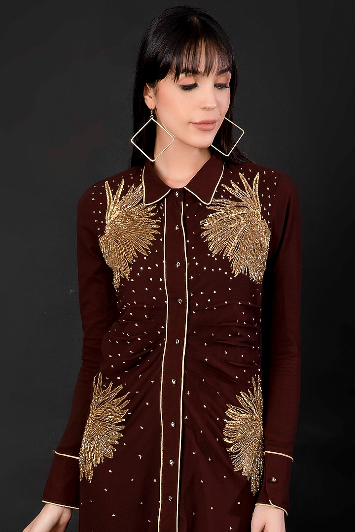 Dark Brown Hand Embroidered Vacation Shirt Dress by Shagufta Rahim at Pernia's Pop Up Shop