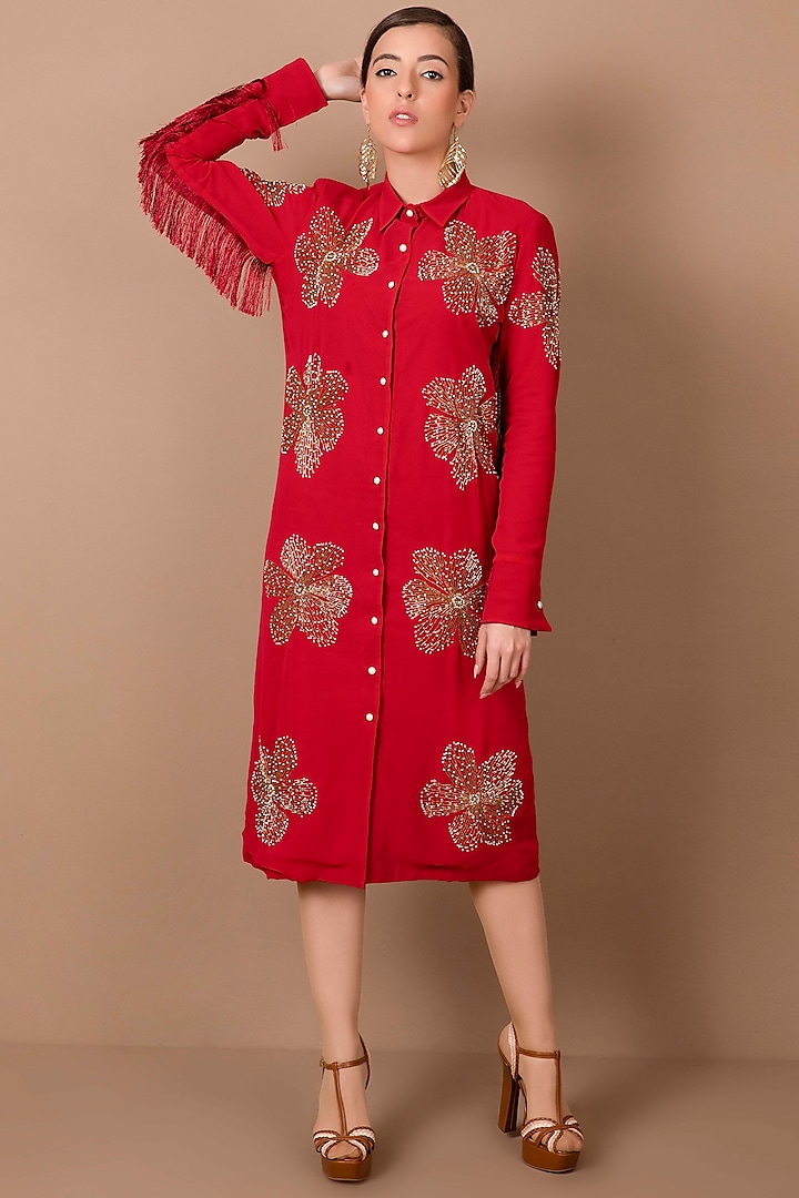 Maroon Embroidered Shirt Dress by Shagufta Rahim