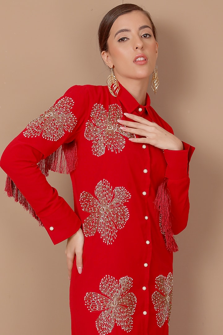 Maroon Embroidered Vacation Shirt Dress by Shagufta Rahim at Pernia's Pop Up Shop