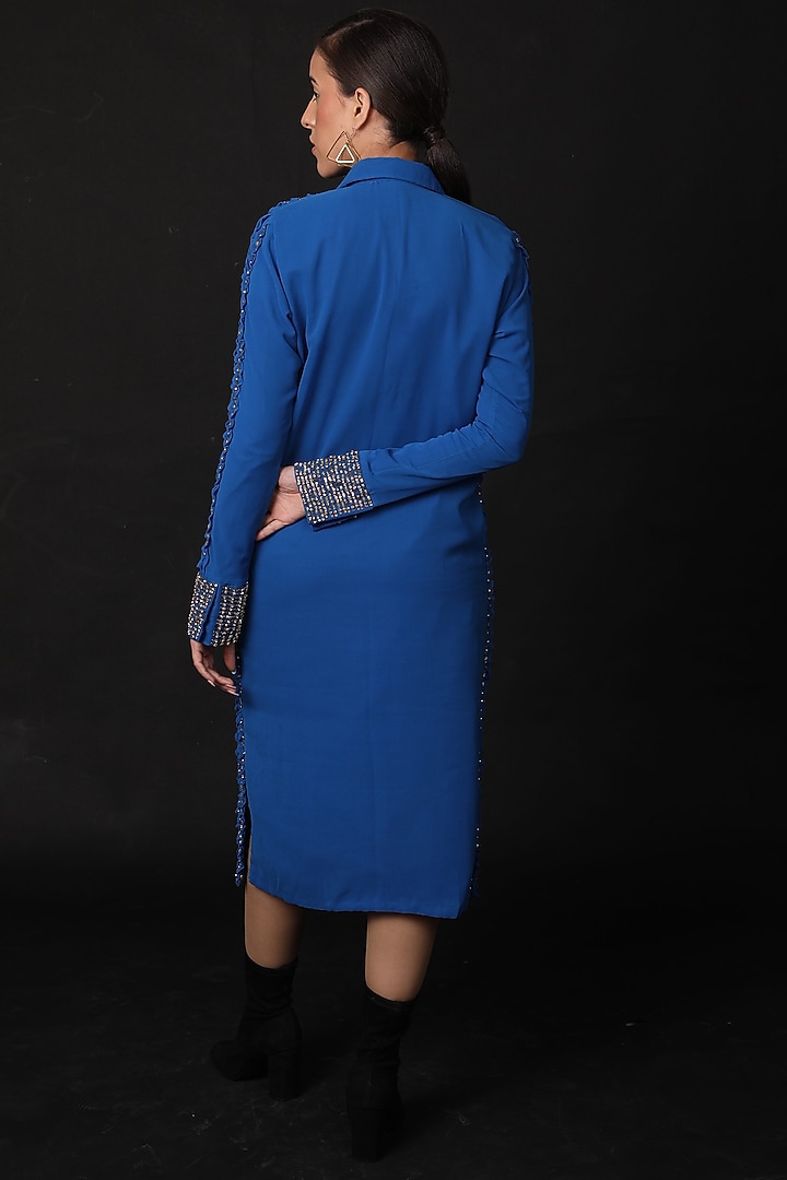 Electric Blue Embroidered Vacation Shirt Dress by Shagufta Rahim at Pernia's Pop Up Shop