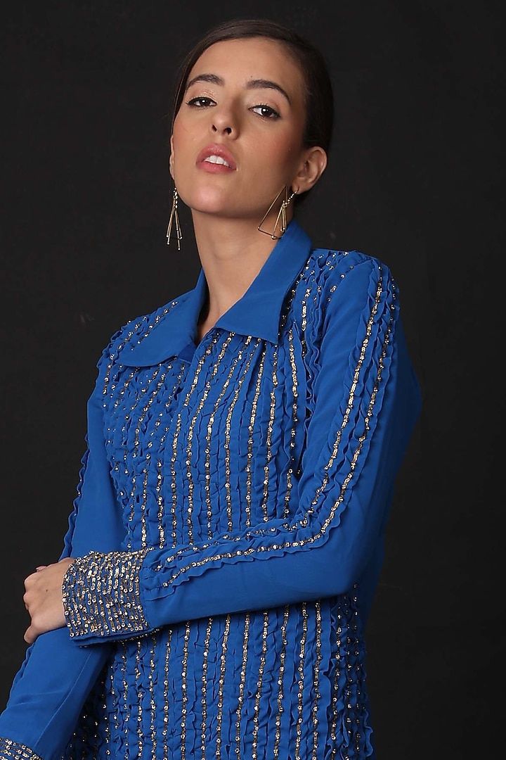 Electric Blue Embroidered Vacation Shirt Dress by Shagufta Rahim at Pernia's Pop Up Shop