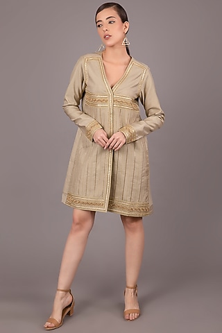 Dark Beige Embroidered Mini Dress by Shagufta Rahim