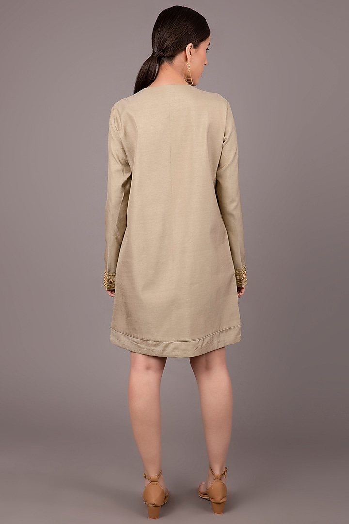 Dark Beige Embroidered Mini Vacation Dress by Shagufta Rahim at Pernia's Pop Up Shop