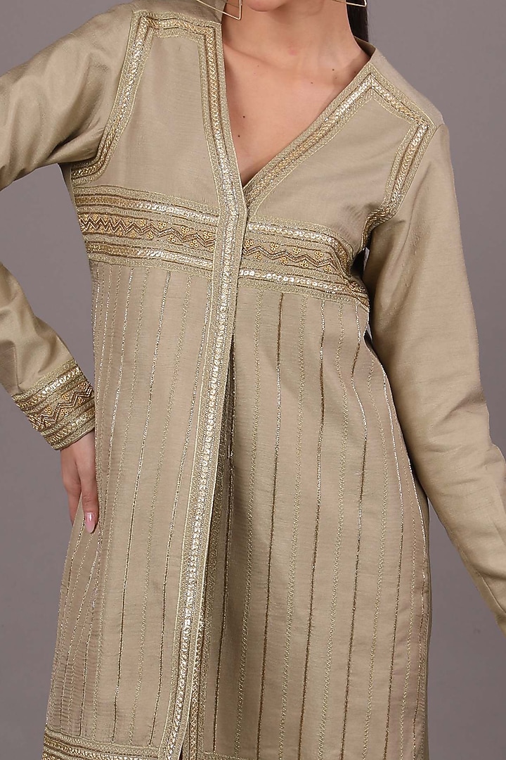 Dark Beige Embroidered Mini Vacation Dress by Shagufta Rahim at Pernia's Pop Up Shop