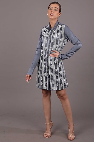 Steel Grey Embroidered Shirt Dress by Shagufta Rahim