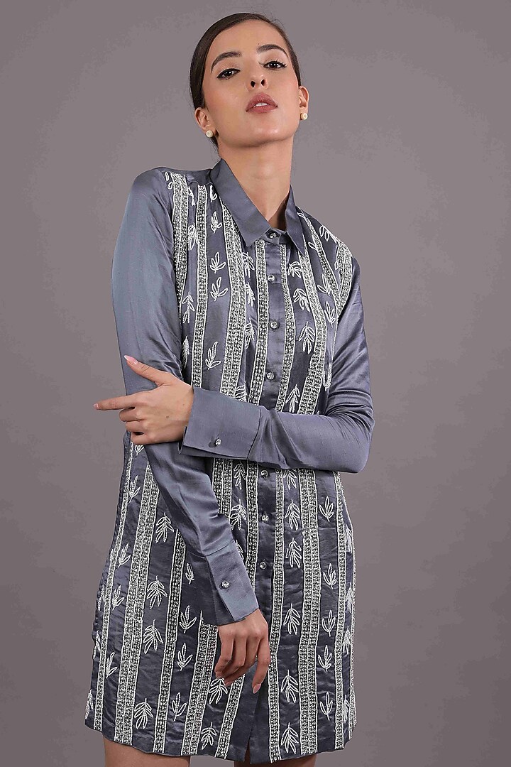 Steel Grey Embroidered Vacation Shirt Dress by Shagufta Rahim at Pernia's Pop Up Shop