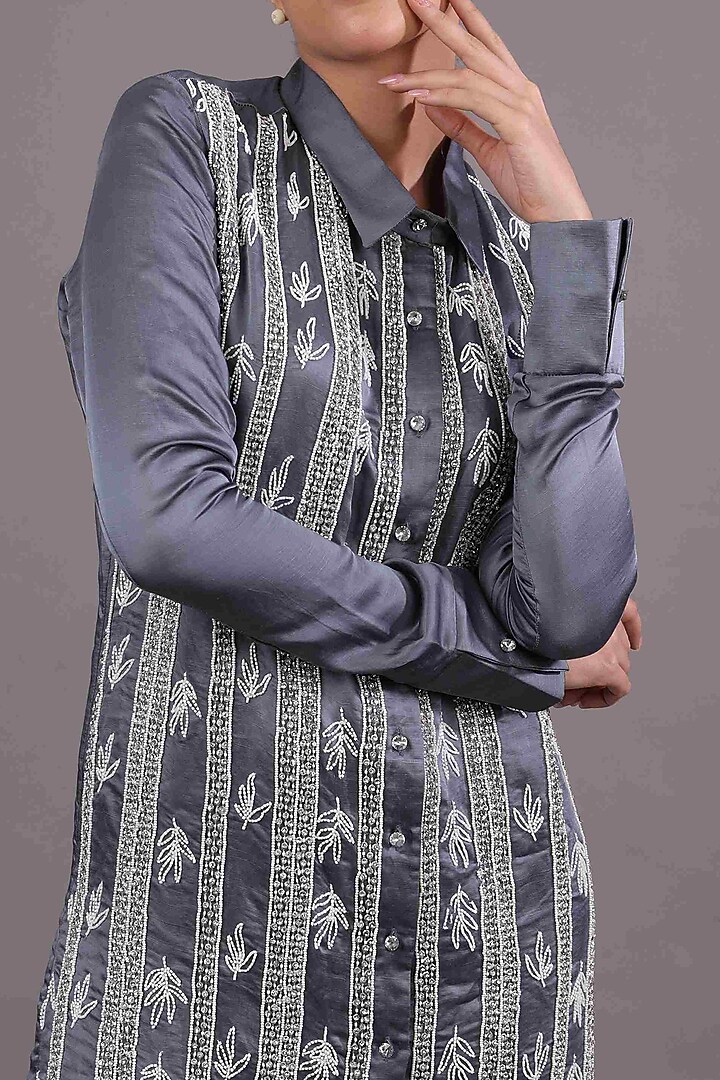 Steel Grey Embroidered Vacation Shirt Dress by Shagufta Rahim at Pernia's Pop Up Shop
