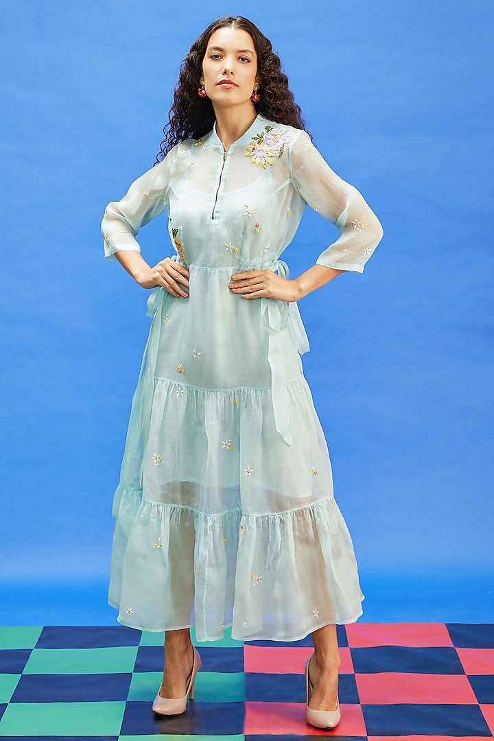 Aqua Blue Organza & Shimmer Georgette Sequins Embroidered Maxi Dress by Shilpi Gupta Surkhab