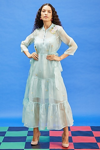 Aqua Blue Organza & Shimmer Georgette Sequins Embroidered Maxi Dress by Shilpi Gupta Surkhab