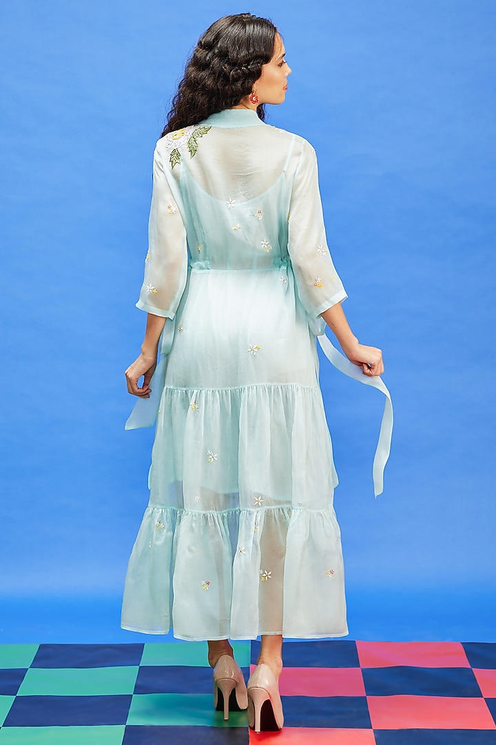 Aqua Blue Organza & Shimmer Georgette Sequins Embroidered Maxi Vacation Dress by Shilpi Gupta Surkhab at Pernia's Pop Up Shop