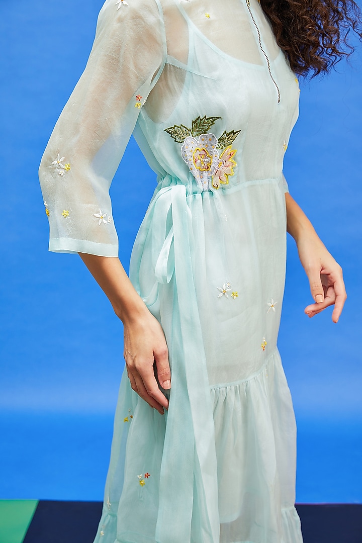 Aqua Blue Organza & Shimmer Georgette Sequins Embroidered Maxi Vacation Dress by Shilpi Gupta Surkhab at Pernia's Pop Up Shop
