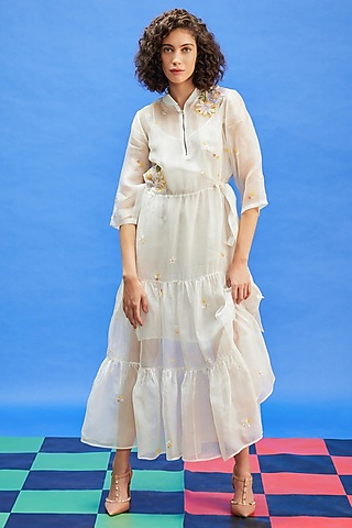 Ivory Organza & Shimmer Georgette Sequins Embroidered Maxi Dress by Shilpi Gupta Surkhab