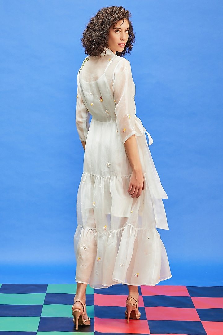 Ivory Organza & Shimmer Georgette Sequins Embroidered Maxi Vacation Dress by Shilpi Gupta Surkhab at Pernia's Pop Up Shop
