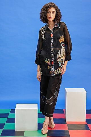 Black Organza & Cotton Satin Resham Embroidered Shirt by Shilpi Gupta Surkhab