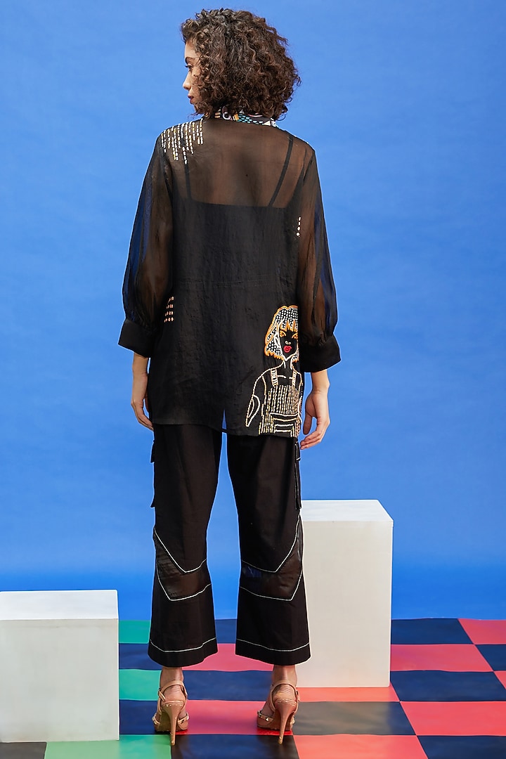 Black Organza & Cotton Satin Resham Embroidered Shirt by Shilpi Gupta Surkhab at Pernia's Pop Up Shop