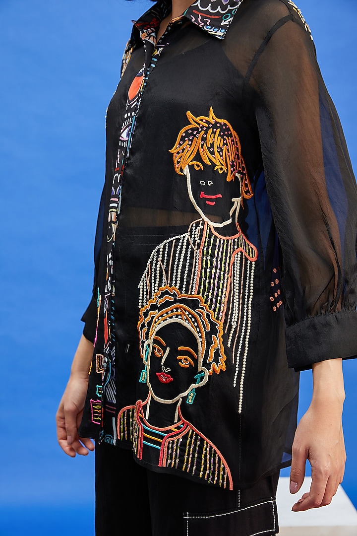 Black Organza & Cotton Satin Resham Embroidered Shirt by Shilpi Gupta Surkhab at Pernia's Pop Up Shop