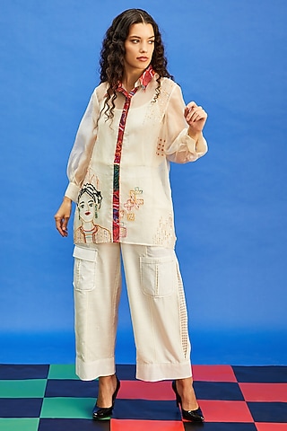 Beige Organza & Cotton Satin Resham Embroidered Shirt by Shilpi Gupta Surkhab