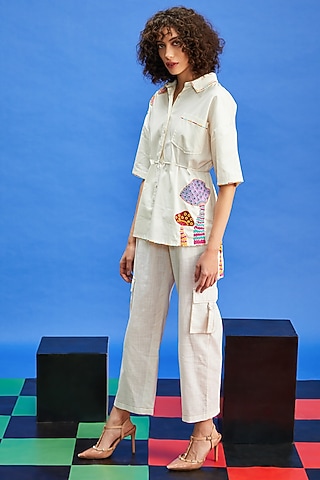 Ivory Brushed Fabric & Cotton Satin Resham Embroidered Co-Ord Set by Shilpi Gupta Surkhab