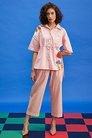 Pink Crushed Fabric & Cotton Satin Resham Embroidered Co-Ord Set by Shilpi Gupta Surkhab