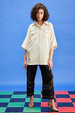 Beige Imported Fabric Resham Embroidered Shirt by Shilpi Gupta Surkhab