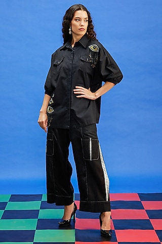 Black Rib & Cotton Satin Sequins Embroidered Shirt by Shilpi Gupta Surkhab