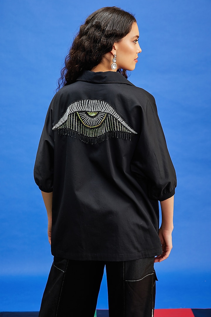 Black Rib & Cotton Satin Sequins Embroidered Shirt by Shilpi Gupta Surkhab at Pernia's Pop Up Shop