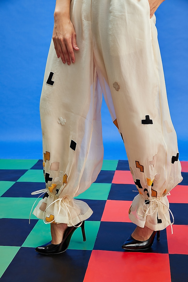 Ivory Organza & Dupion Sequins Embroidered Trousers by Shilpi Gupta Surkhab at Pernia's Pop Up Shop