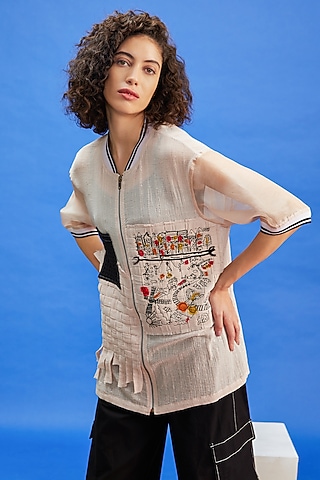 Beige Organza & Crushed Georgette Resham Embroidered Shirt by Shilpi Gupta Surkhab