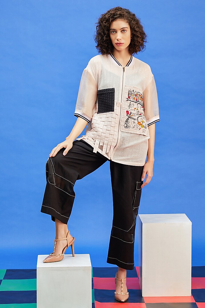 Beige Organza & Crushed Georgette Resham Embroidered Shirt by Shilpi Gupta Surkhab at Pernia's Pop Up Shop