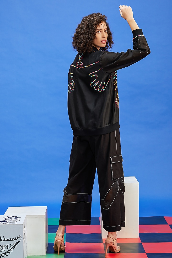 Black Chanderi & Rib Cutdana Embroidered Bomber Jacket by Shilpi Gupta Surkhab at Pernia's Pop Up Shop