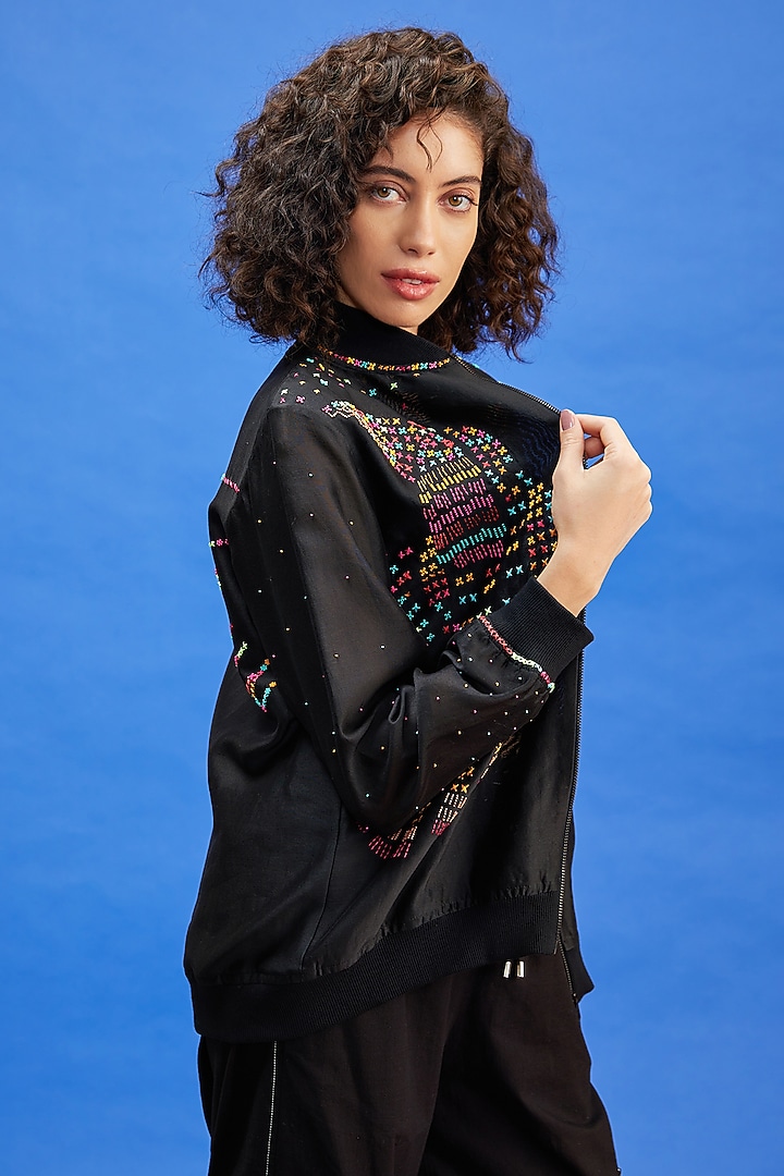 Black Chanderi & Rib Cutdana Embroidered Bomber Jacket by Shilpi Gupta Surkhab at Pernia's Pop Up Shop