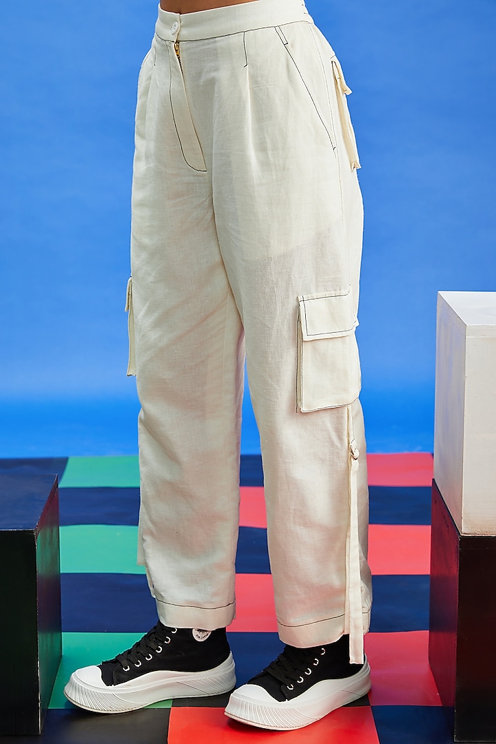 Ivory Cotton Linen Trousers by Shilpi Gupta Surkhab