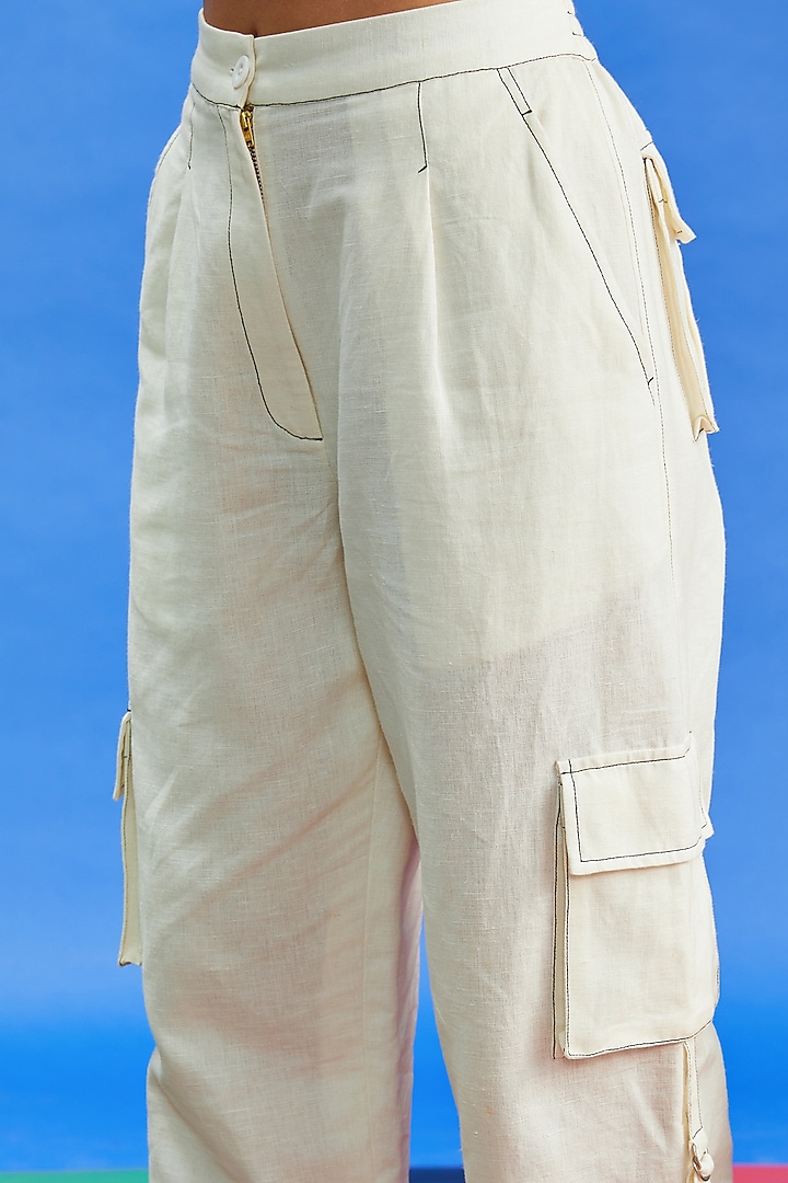 Ivory Cotton Linen Trousers by Shilpi Gupta Surkhab at Pernia's Pop Up Shop