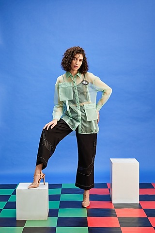 Lime Green Organza Cutdana & Sequins Embroidered Shirt by Shilpi Gupta Surkhab