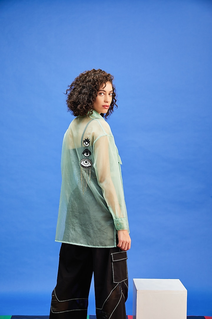 Lime Green Organza Cutdana & Sequins Embroidered Shirt by Shilpi Gupta Surkhab at Pernia's Pop Up Shop