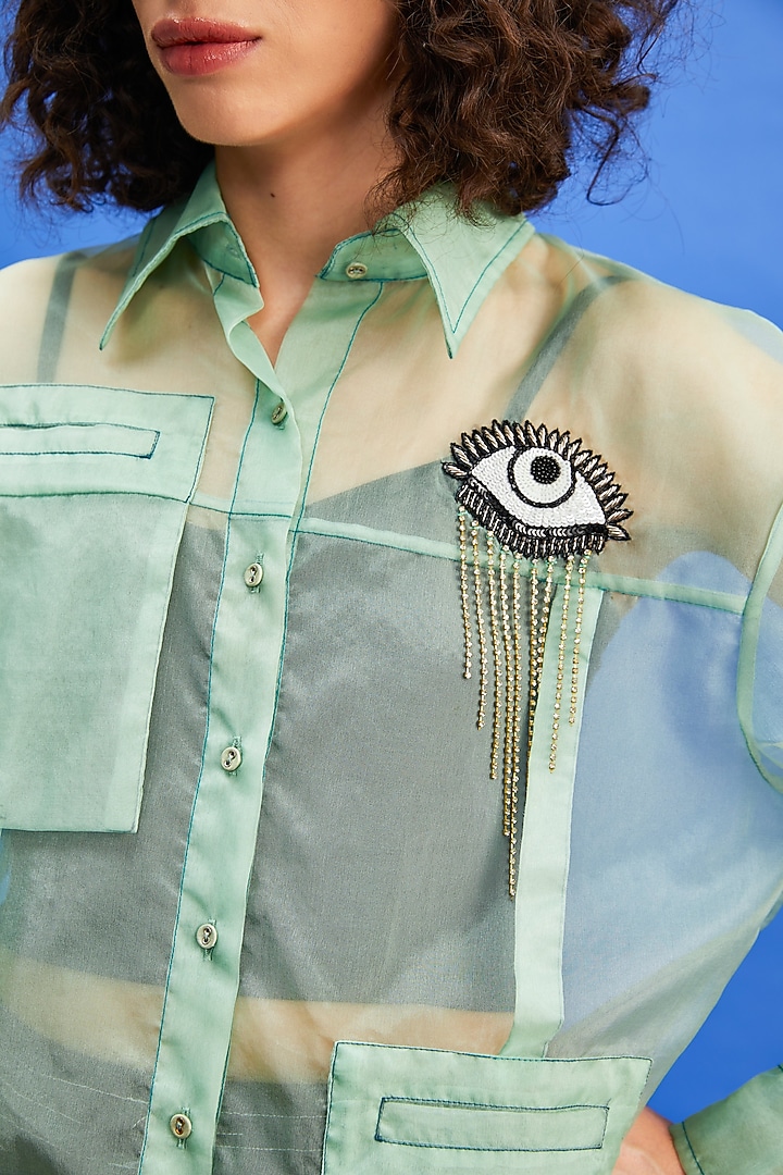 Lime Green Organza Cutdana & Sequins Embroidered Shirt by Shilpi Gupta Surkhab at Pernia's Pop Up Shop