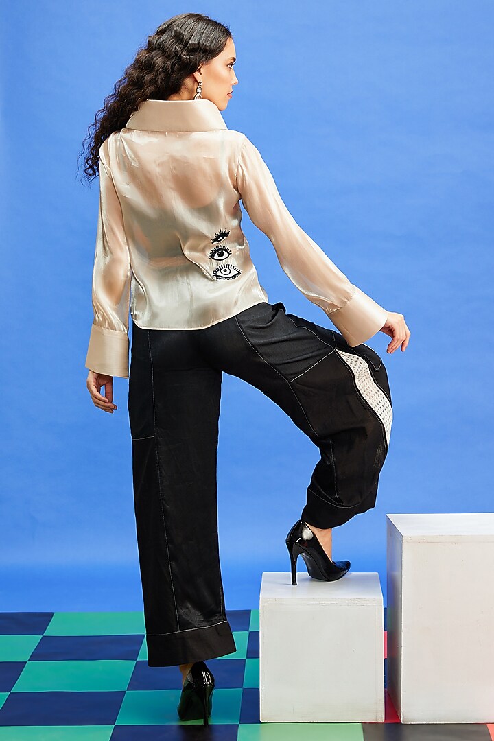 Beige Important Organza Cutdana & Sequins Embroidered Shirt by Shilpi Gupta Surkhab at Pernia's Pop Up Shop