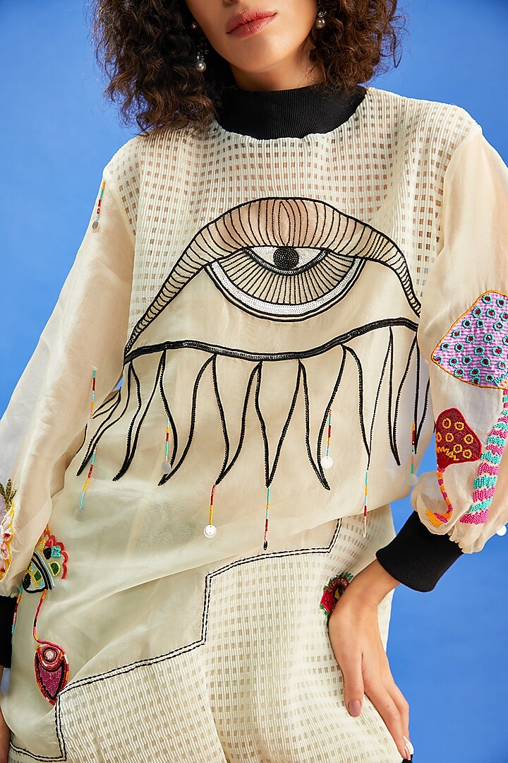 Ivory Organza & Rib Sequins Embroidered Shirt by Shilpi Gupta Surkhab at Pernia's Pop Up Shop
