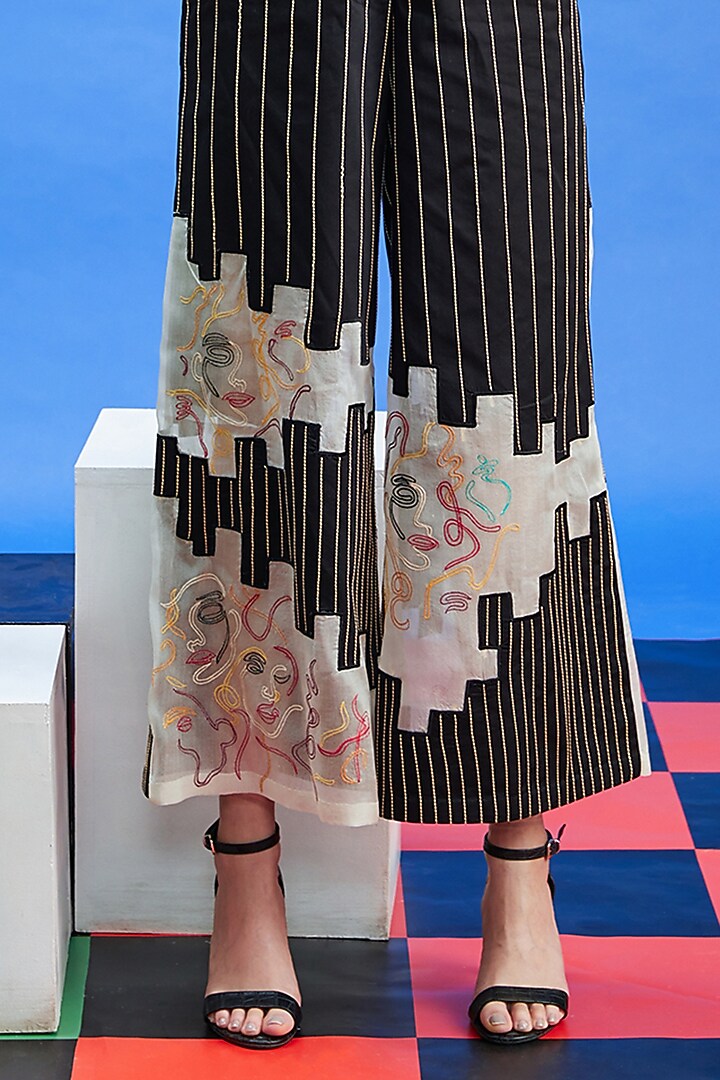 Black Cotton Satin & Organza Patchwork Wide-Legged Trousers by Shilpi Gupta Surkhab at Pernia's Pop Up Shop