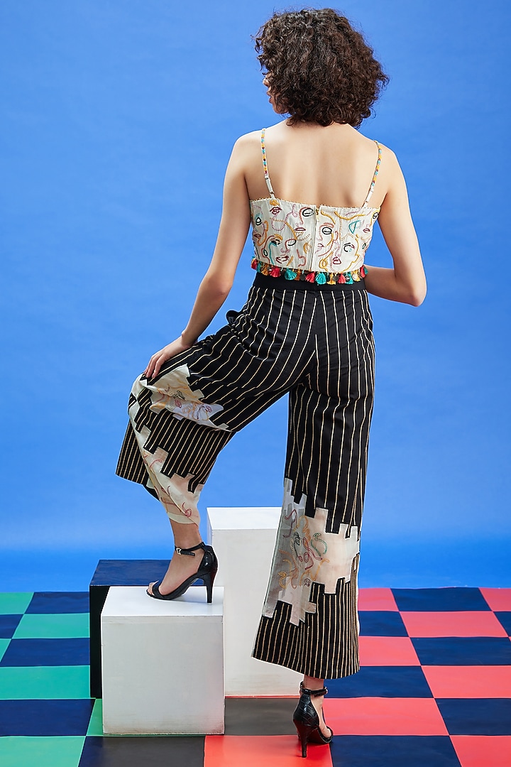 Black Cotton Satin & Organza Patchwork Wide-Legged Trousers by Shilpi Gupta Surkhab at Pernia's Pop Up Shop