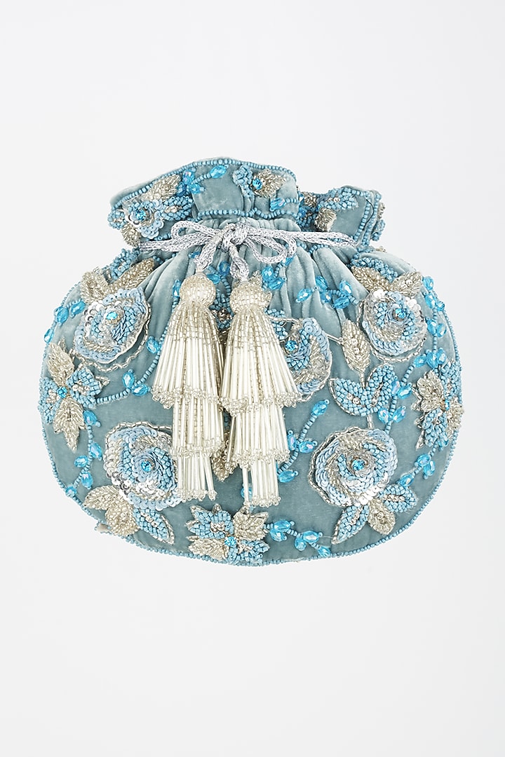 Blue Embroidered Potli With Chain by SG BY SONIA GULRAJANI at Pernia's Pop Up Shop