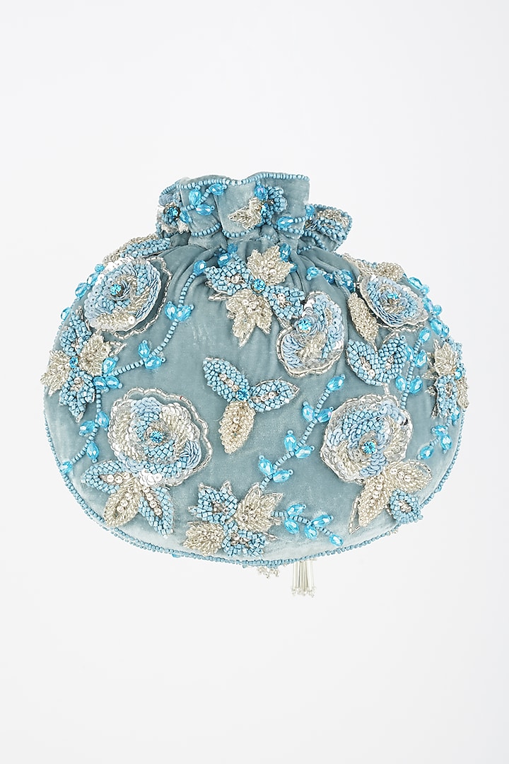 Blue Embroidered Potli With Chain by SG BY SONIA GULRAJANI at Pernia's Pop Up Shop