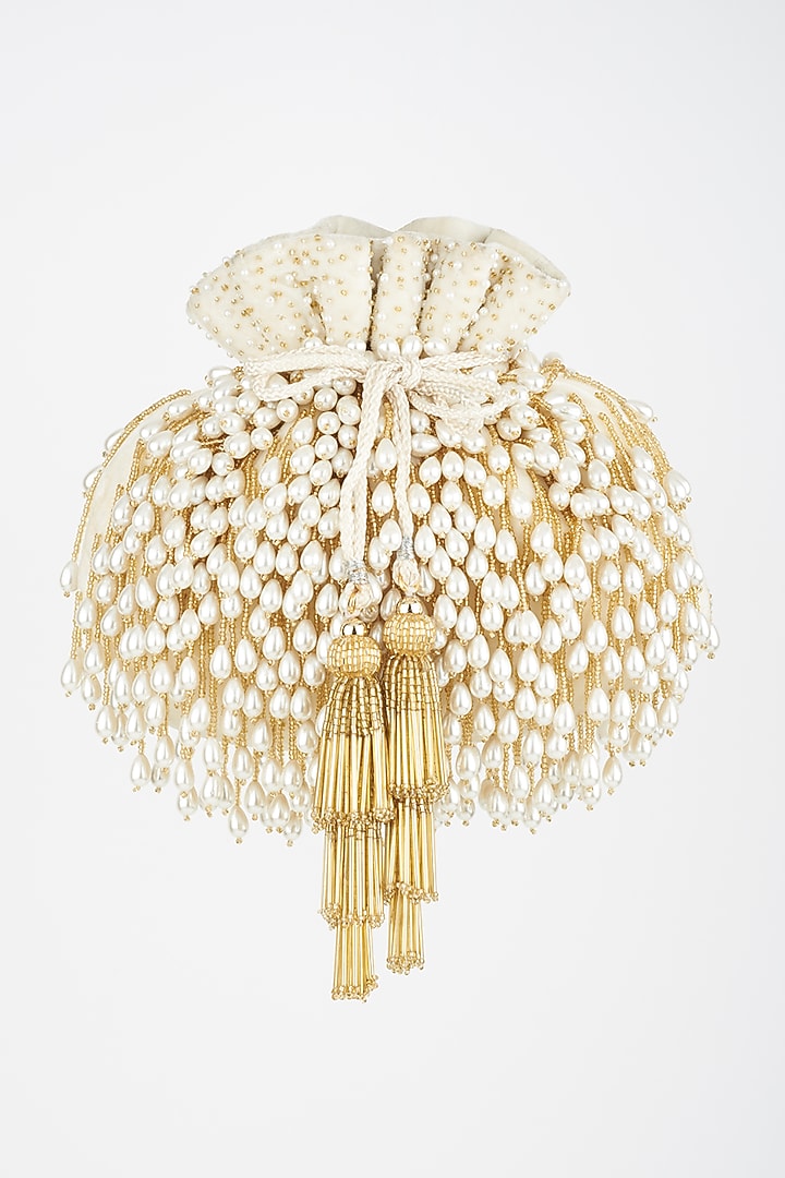 Ivory Embroidered Handcrafted Potli With Chain by SG BY SONIA GULRAJANI at Pernia's Pop Up Shop