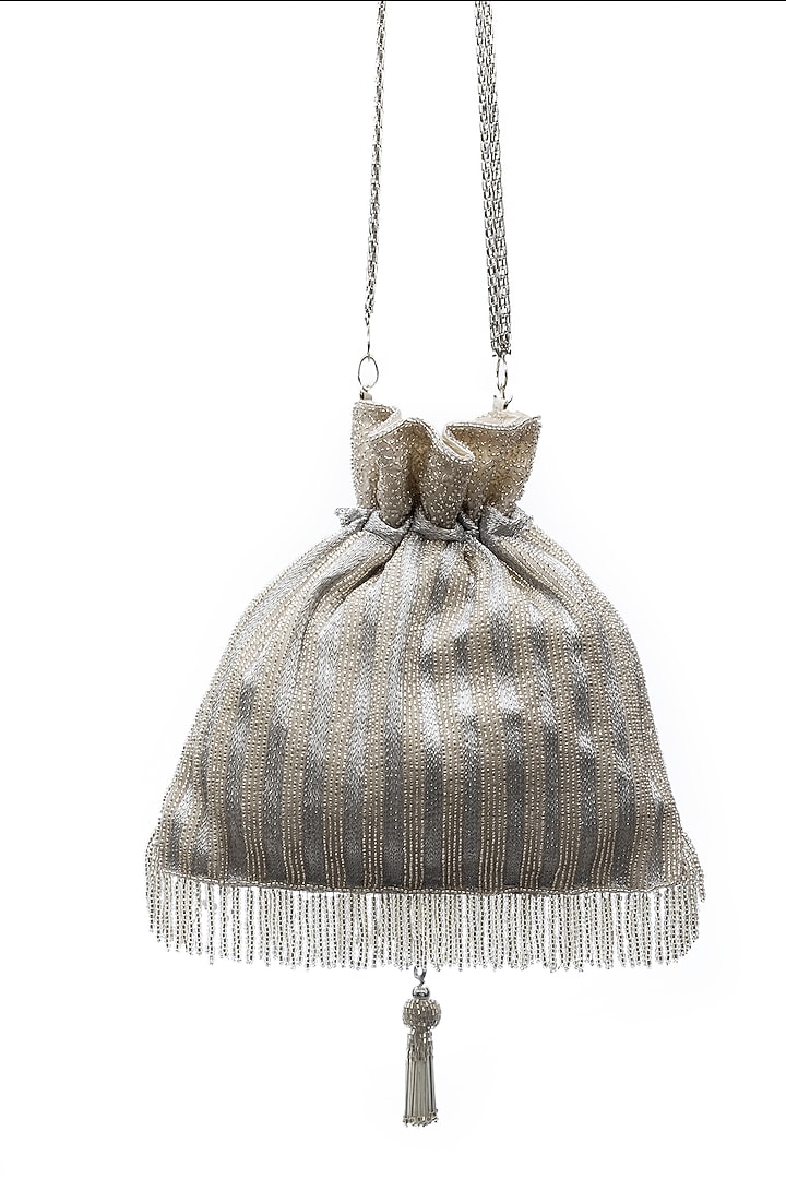 Silver Raw Silk Embellished Potli by SG BY SONIA GULRAJANI at Pernia's Pop Up Shop
