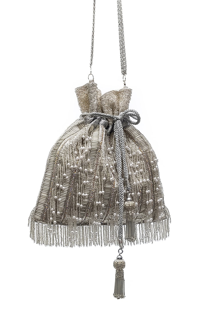 Silver Raw Silk Embellished Potli by SG BY SONIA GULRAJANI at Pernia's Pop Up Shop