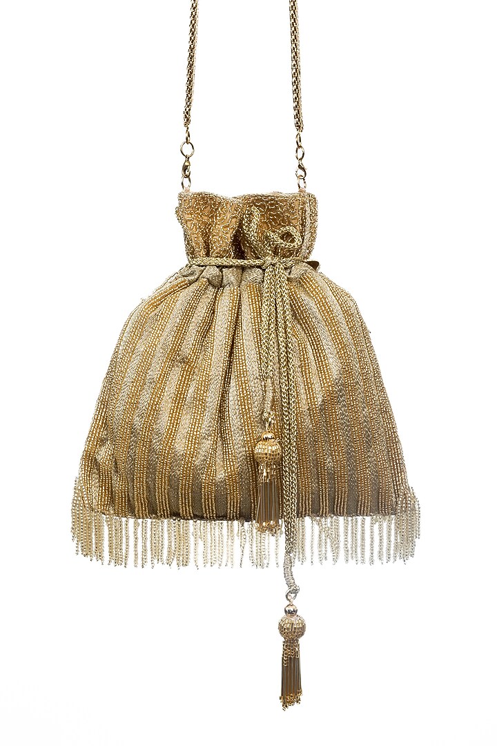 Gold Raw Silk Embellished Potli by SG BY SONIA GULRAJANI at Pernia's Pop Up Shop