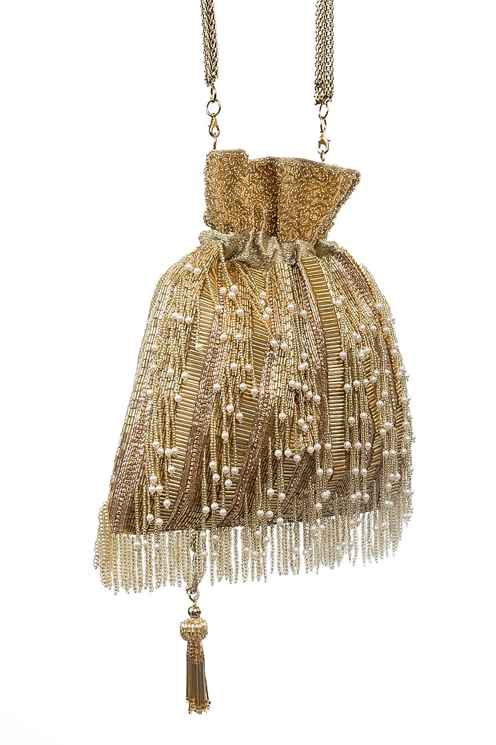 Gold Raw Silk Embellished Potli by SG BY SONIA GULRAJANI at Pernia's Pop Up Shop